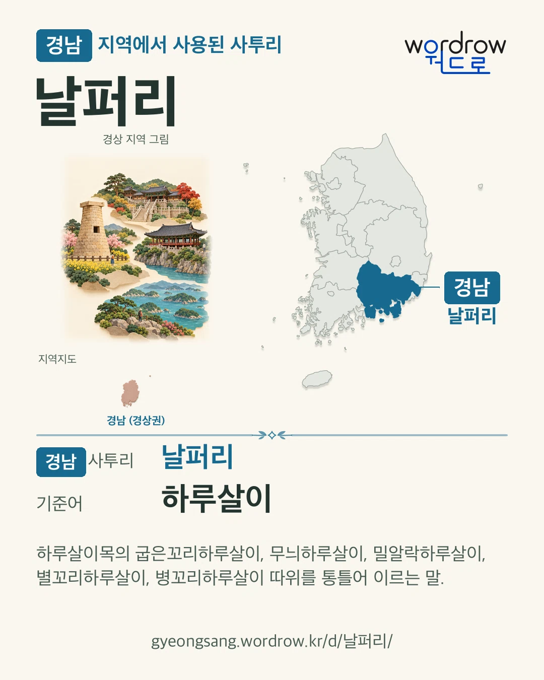 경남 지역에서 사용된 사투리 ‘날퍼리’. 기준어: 하루살이. 기록 지역을 표시한 지역 그림과 지도 카드.