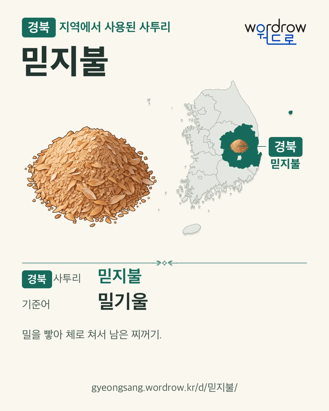 경북 지역에서 사용된 사투리 ‘믿지불’. 기준어: 밀기울. 기록 지역을 표시한 카툰 삽화와 지도 카드.