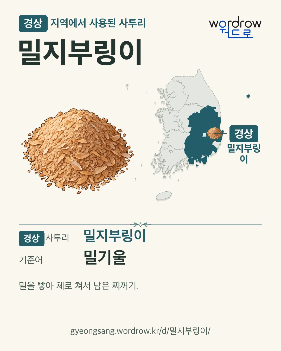 경상 지역에서 사용된 사투리 ‘밀지부링이’. 기준어: 밀기울. 기록 지역을 표시한 카툰 삽화와 지도 카드.
