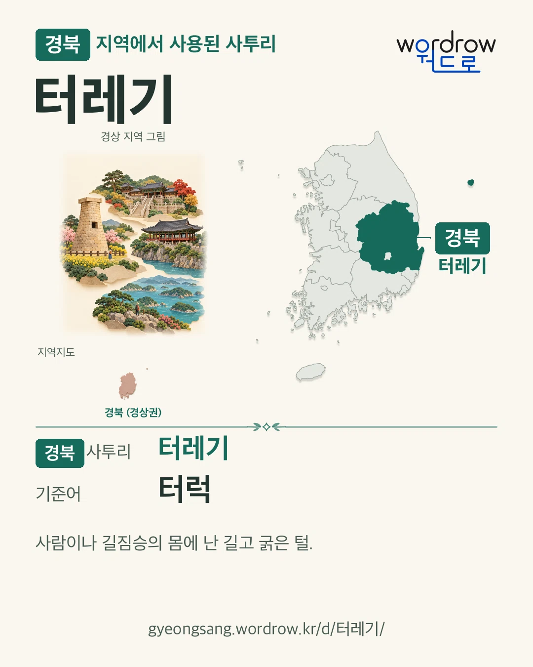 경북 지역에서 사용된 사투리 ‘터레기’. 기준어: 터럭. 기록 지역을 표시한 지역 그림과 지도 카드.