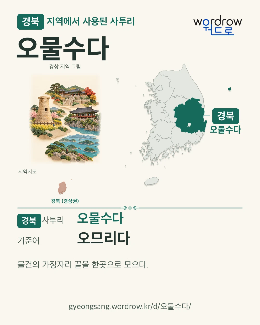 경북 지역에서 사용된 사투리 ‘오물수다’. 기준어: 오므리다. 기록 지역을 표시한 지역 그림과 지도 카드.