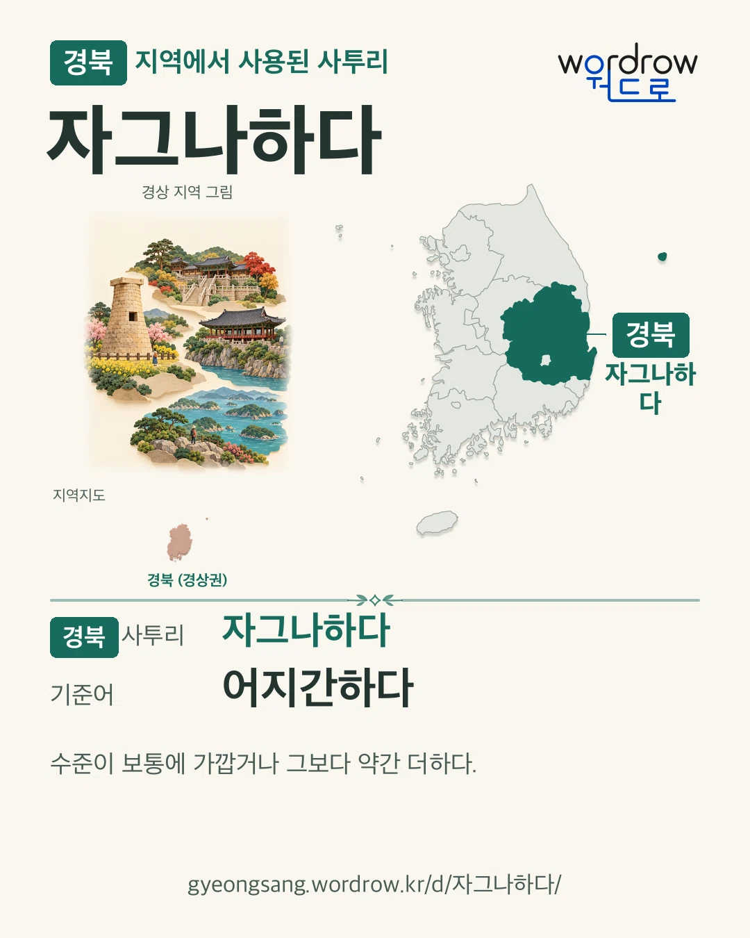 경북 지역에서 사용된 사투리 ‘자그나하다’. 기준어: 어지간하다. 기록 지역을 표시한 지역 그림과 지도 카드.