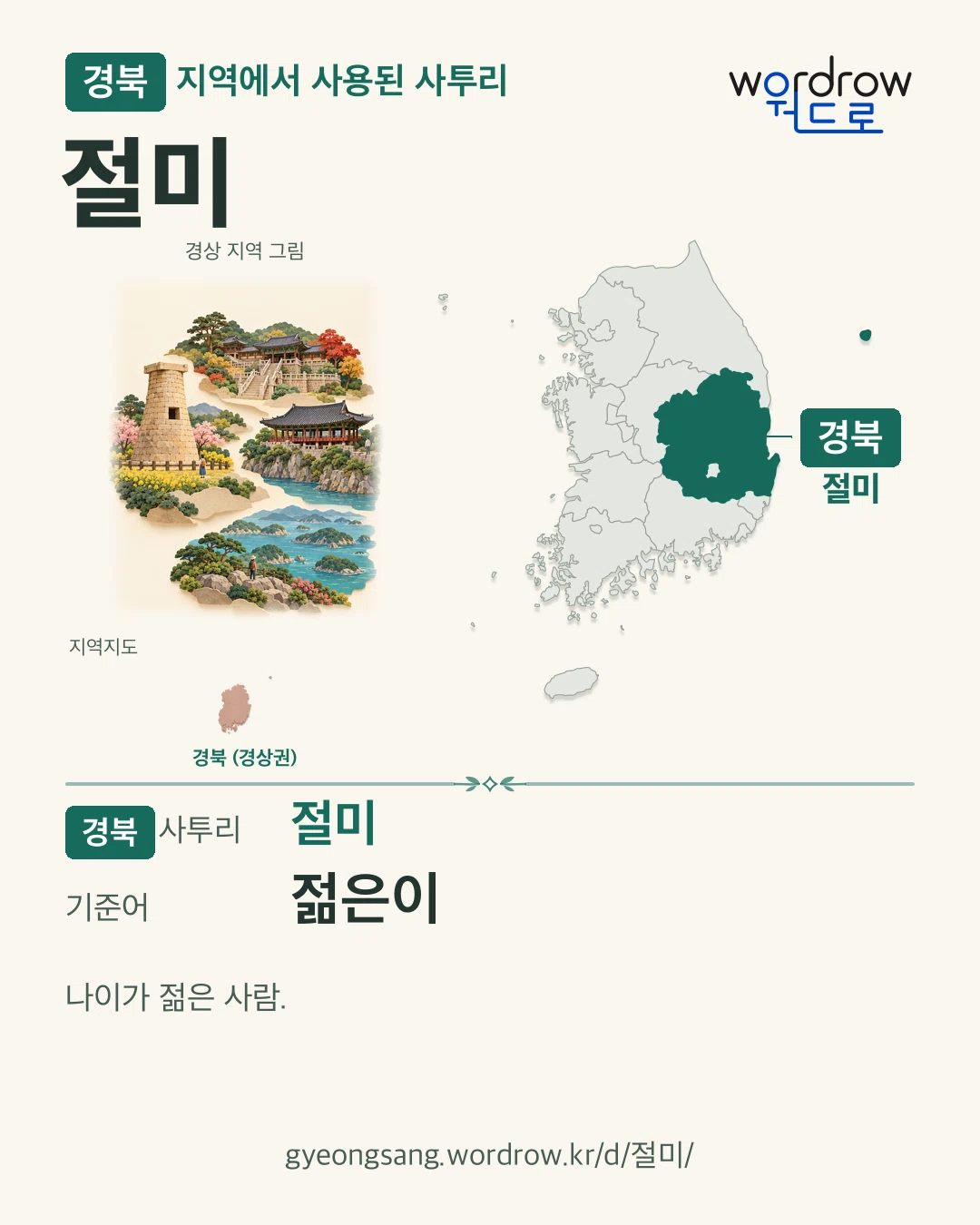경북 지역에서 사용된 사투리 ‘절미’. 기준어: 젊은이. 기록 지역을 표시한 지역 그림과 지도 카드.