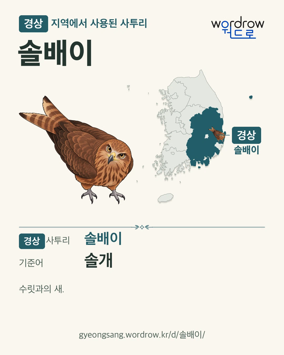 경상 지역에서 사용된 사투리 ‘솔배이’. 기준어: 솔개. 기록 지역을 표시한 카툰 삽화와 지도 카드.