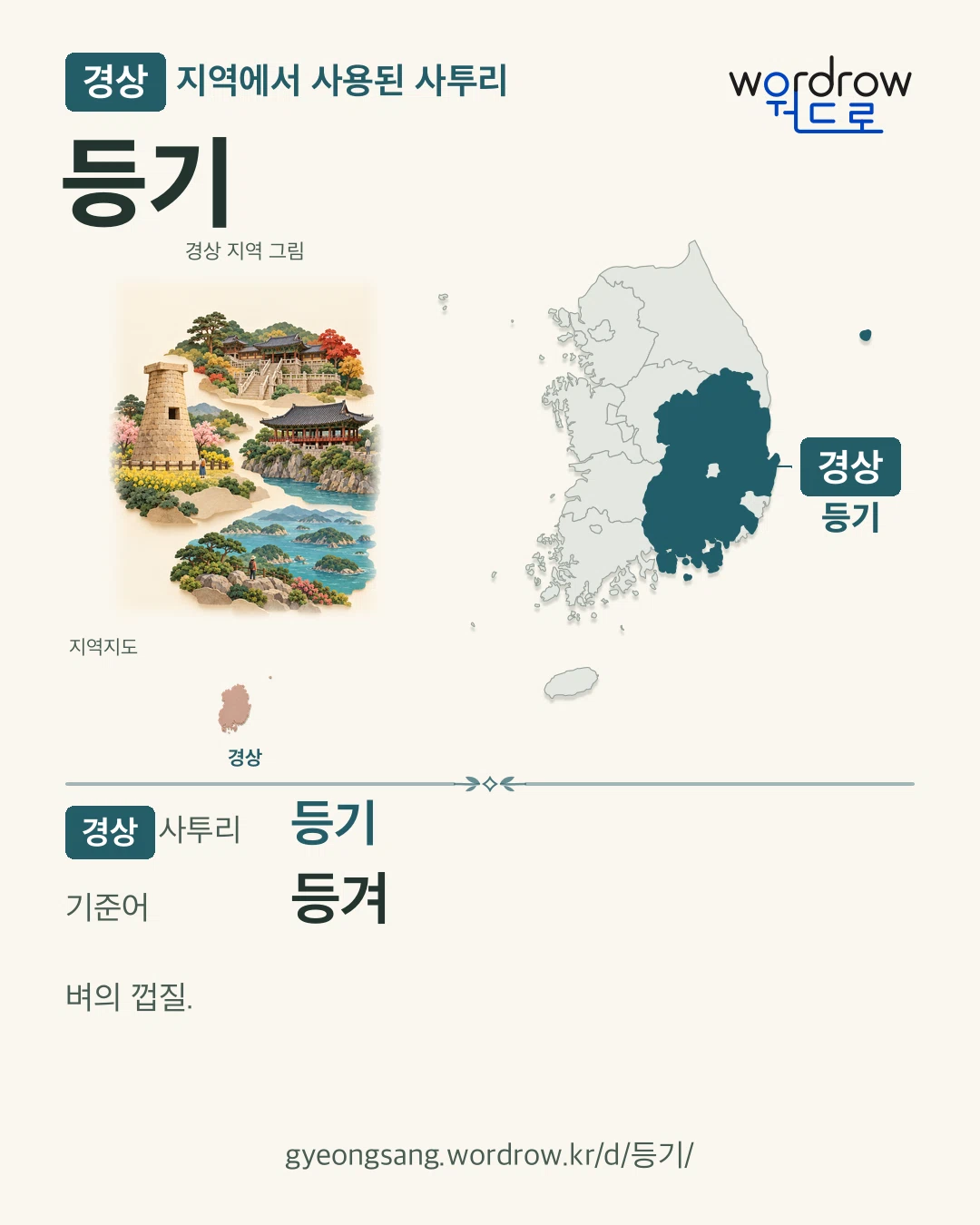경상 지역에서 사용된 사투리 ‘등기’. 기준어: 등겨. 기록 지역을 표시한 지역 그림과 지도 카드.
