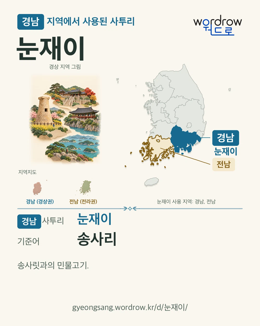 경남 지역에서 사용된 사투리 ‘눈재이’. 기준어: 송사리. 기록 지역을 표시한 지역 그림과 지도 카드.