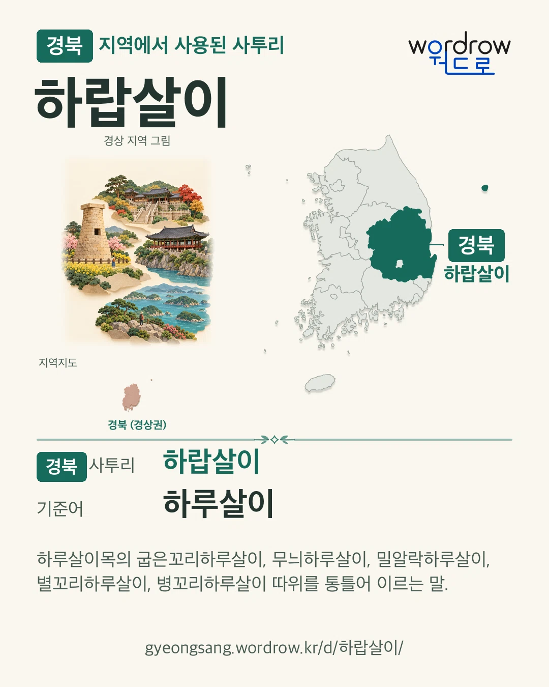 경북 지역에서 사용된 사투리 ‘하랍살이’. 기준어: 하루살이. 기록 지역을 표시한 지역 그림과 지도 카드.