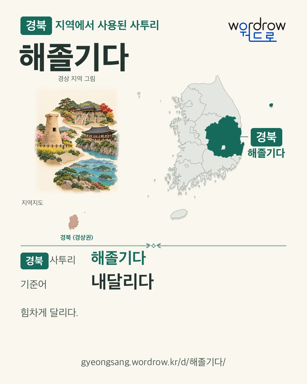 경북 지역에서 사용된 사투리 ‘해졸기다’. 기준어: 내달리다. 기록 지역을 표시한 지역 그림과 지도 카드.