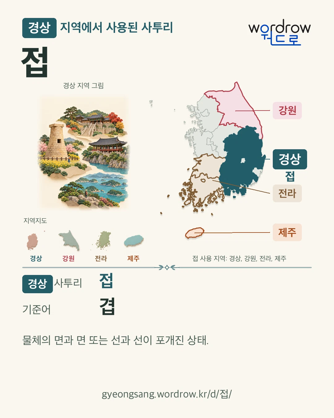 경상 지역에서 사용된 사투리 ‘접’. 기준어: 겹. 기록 지역을 표시한 지역 그림과 지도 카드.