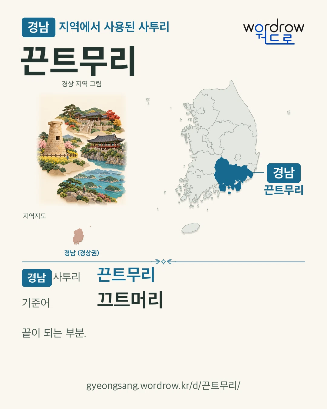 경남 지역에서 사용된 사투리 ‘끈트무리’. 기준어: 끄트머리. 기록 지역을 표시한 지역 그림과 지도 카드.