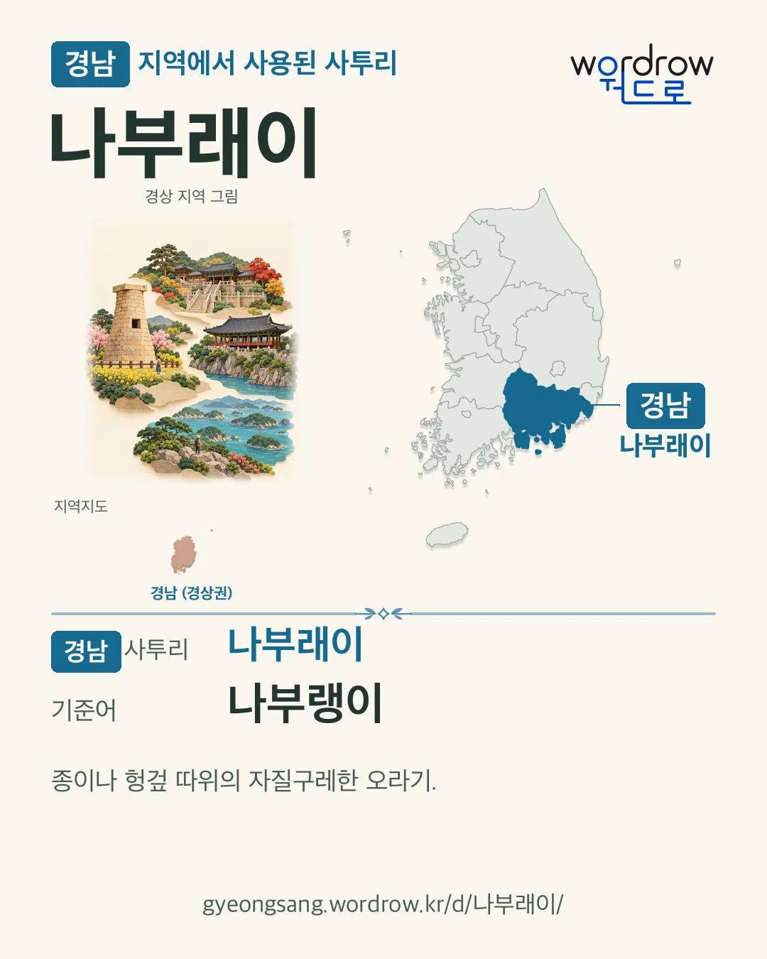 경남 지역에서 사용된 사투리 ‘나부래이’. 기준어: 나부랭이. 기록 지역을 표시한 지역 그림과 지도 카드.
