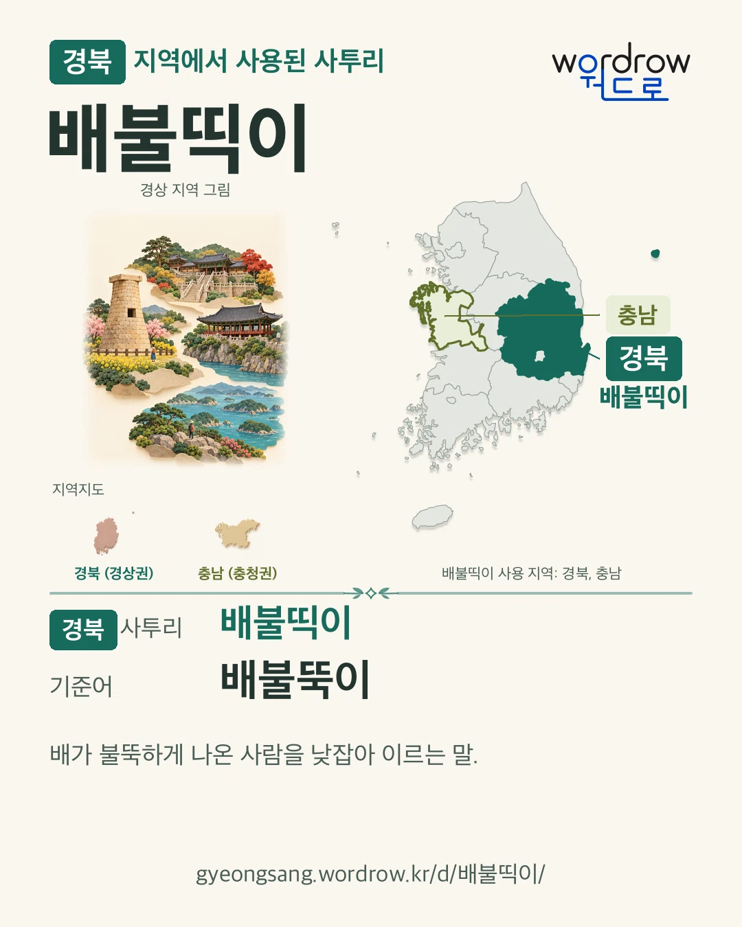 경북 지역에서 사용된 사투리 ‘배불띡이’. 기준어: 배불뚝이. 기록 지역을 표시한 지역 그림과 지도 카드.