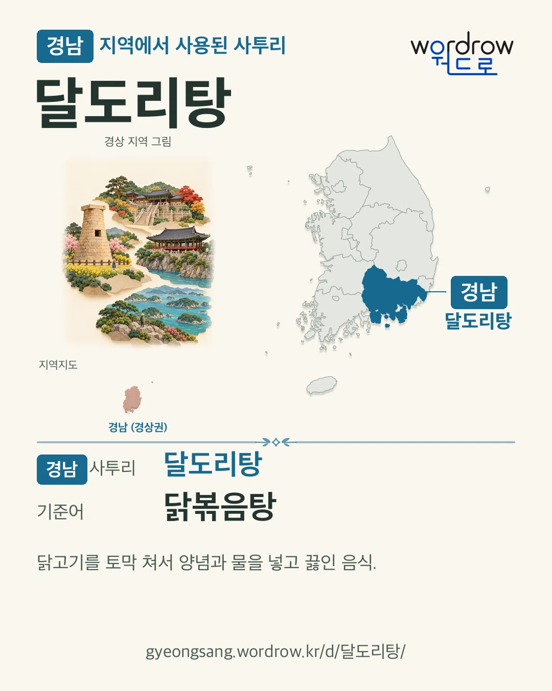경남 지역에서 사용된 사투리 ‘달도리탕’. 기준어: 닭볶음탕. 기록 지역을 표시한 지역 그림과 지도 카드.
