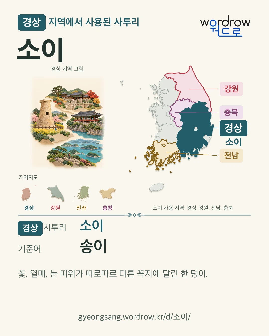 경상 지역에서 사용된 사투리 ‘소이’. 기준어: 송이. 기록 지역을 표시한 지역 그림과 지도 카드.