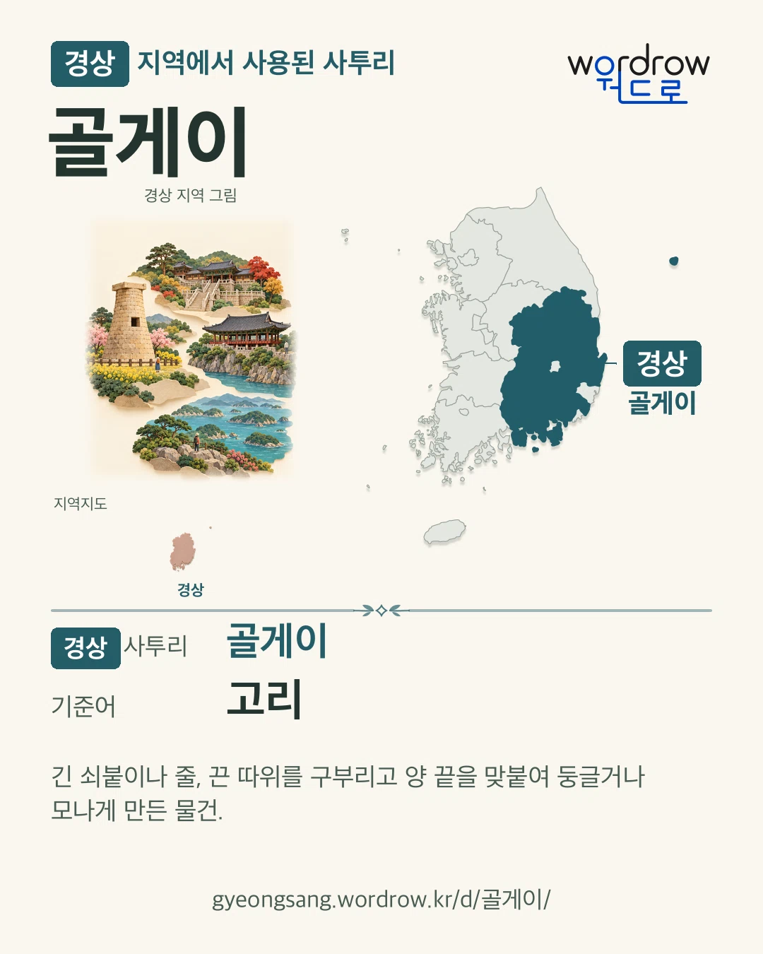 경상 지역에서 사용된 사투리 ‘골게이’. 기준어: 고리. 기록 지역을 표시한 지역 그림과 지도 카드.