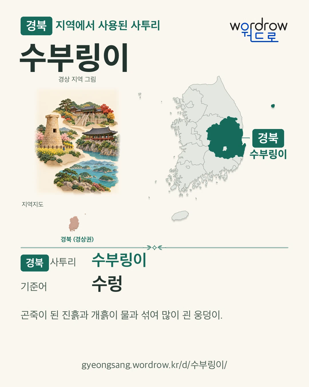 경북 지역에서 사용된 사투리 ‘수부링이’. 기준어: 수렁. 기록 지역을 표시한 지역 그림과 지도 카드.