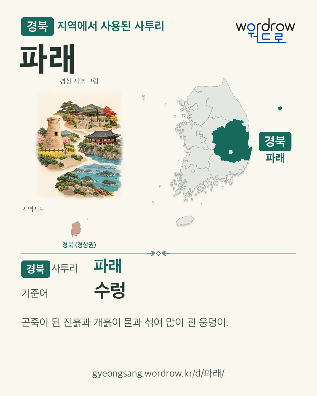 경북 지역에서 사용된 사투리 ‘파래’. 기준어: 수렁. 기록 지역을 표시한 지역 그림과 지도 카드.