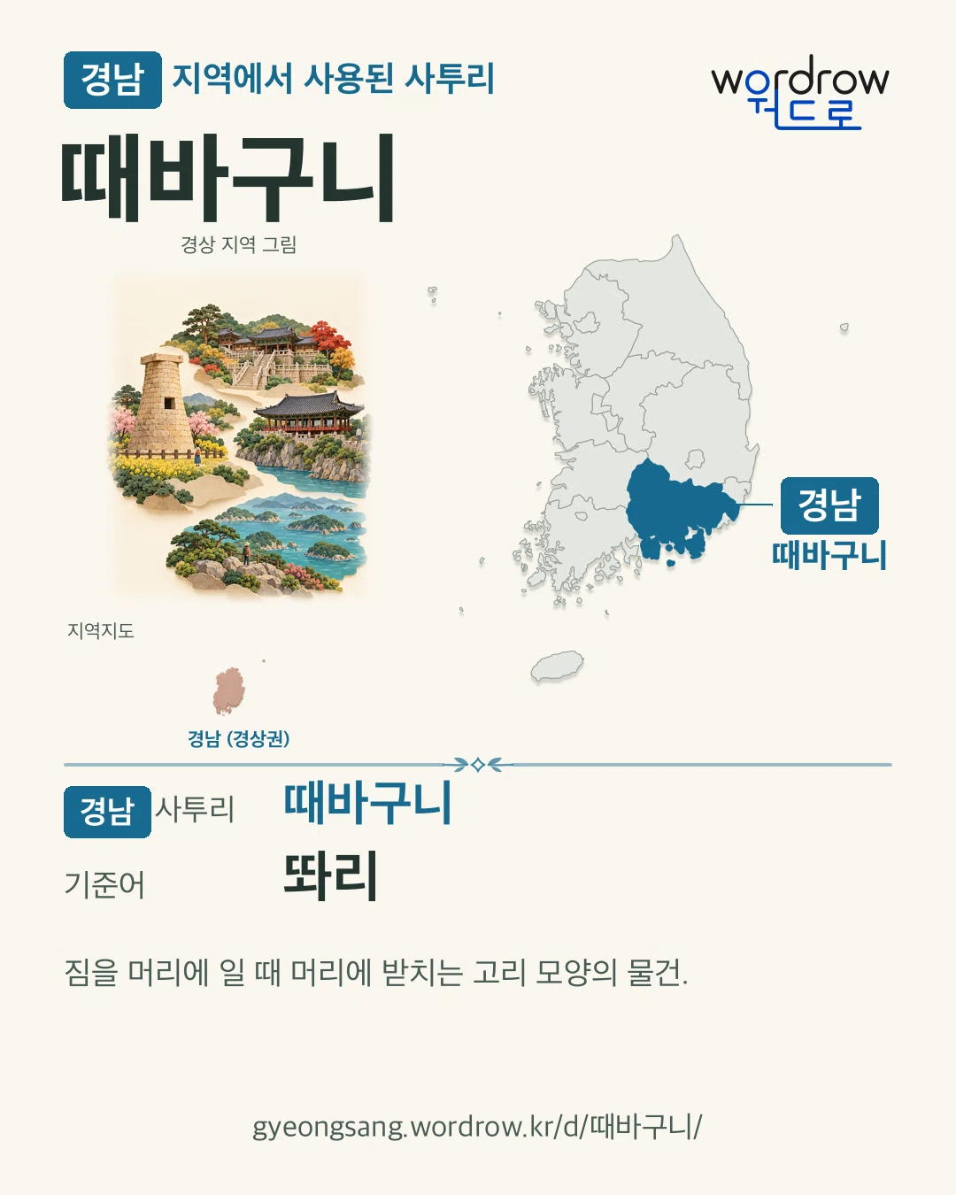 경남 지역에서 사용된 사투리 ‘때바구니’. 기준어: 똬리. 기록 지역을 표시한 지역 그림과 지도 카드.