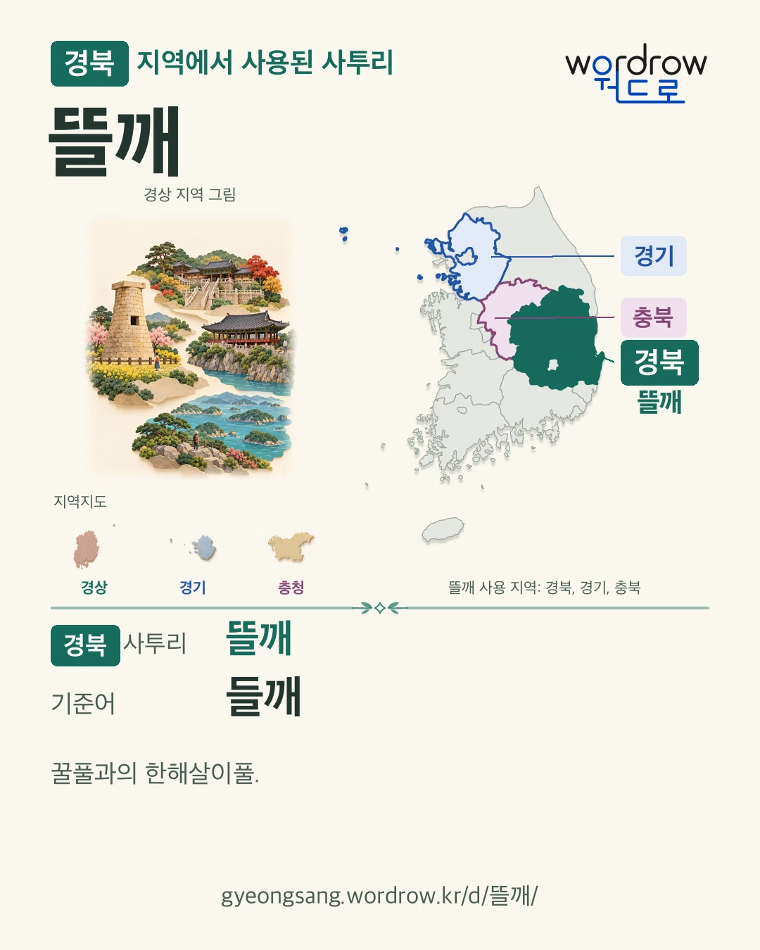 경북 지역에서 사용된 사투리 ‘뜰깨’. 기준어: 들깨. 기록 지역을 표시한 지역 그림과 지도 카드.