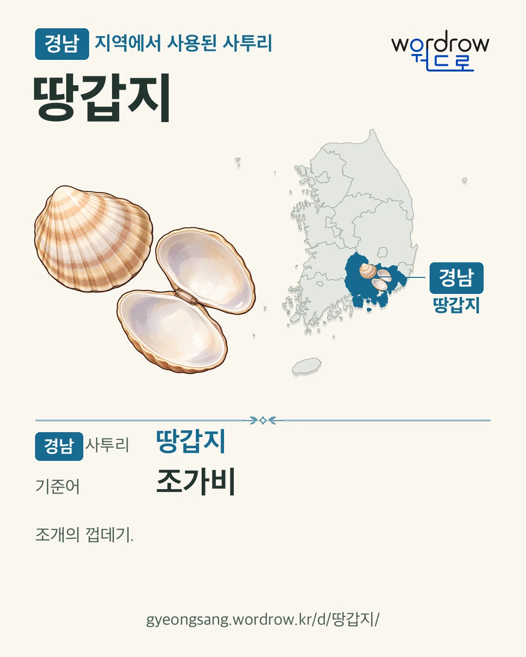 경남 지역에서 사용된 사투리 ‘땅갑지’. 기준어: 조가비. 기록 지역을 표시한 카툰 삽화와 지도 카드.