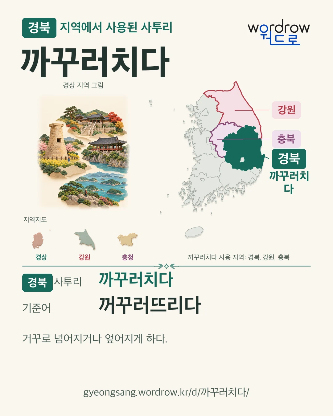 경북 지역에서 사용된 사투리 ‘까꾸러치다’. 기준어: 꺼꾸러뜨리다. 기록 지역을 표시한 지역 그림과 지도 카드.