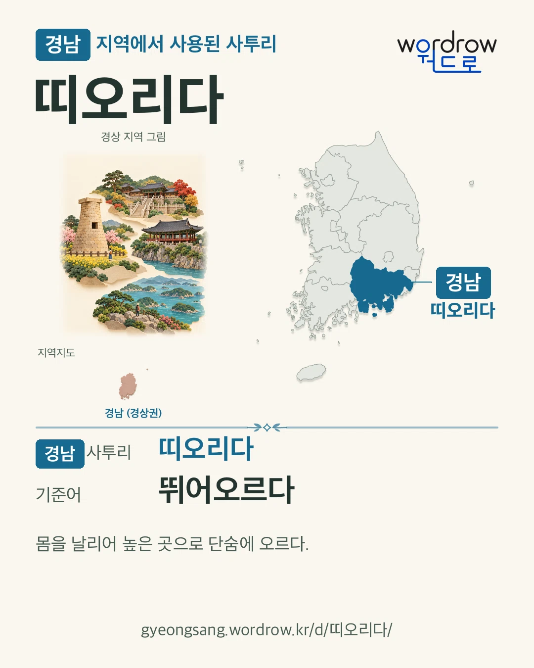 경남 지역에서 사용된 사투리 ‘띠오리다’. 기준어: 뛰어오르다. 기록 지역을 표시한 지역 그림과 지도 카드.
