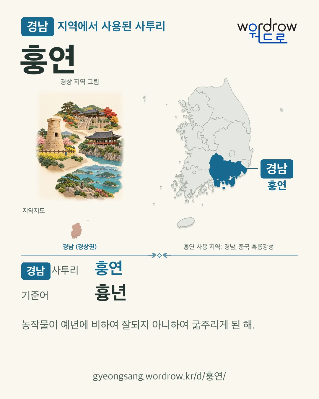 경남 지역에서 사용된 사투리 ‘훙연’. 기준어: 흉년. 기록 지역을 표시한 지역 그림과 지도 카드.