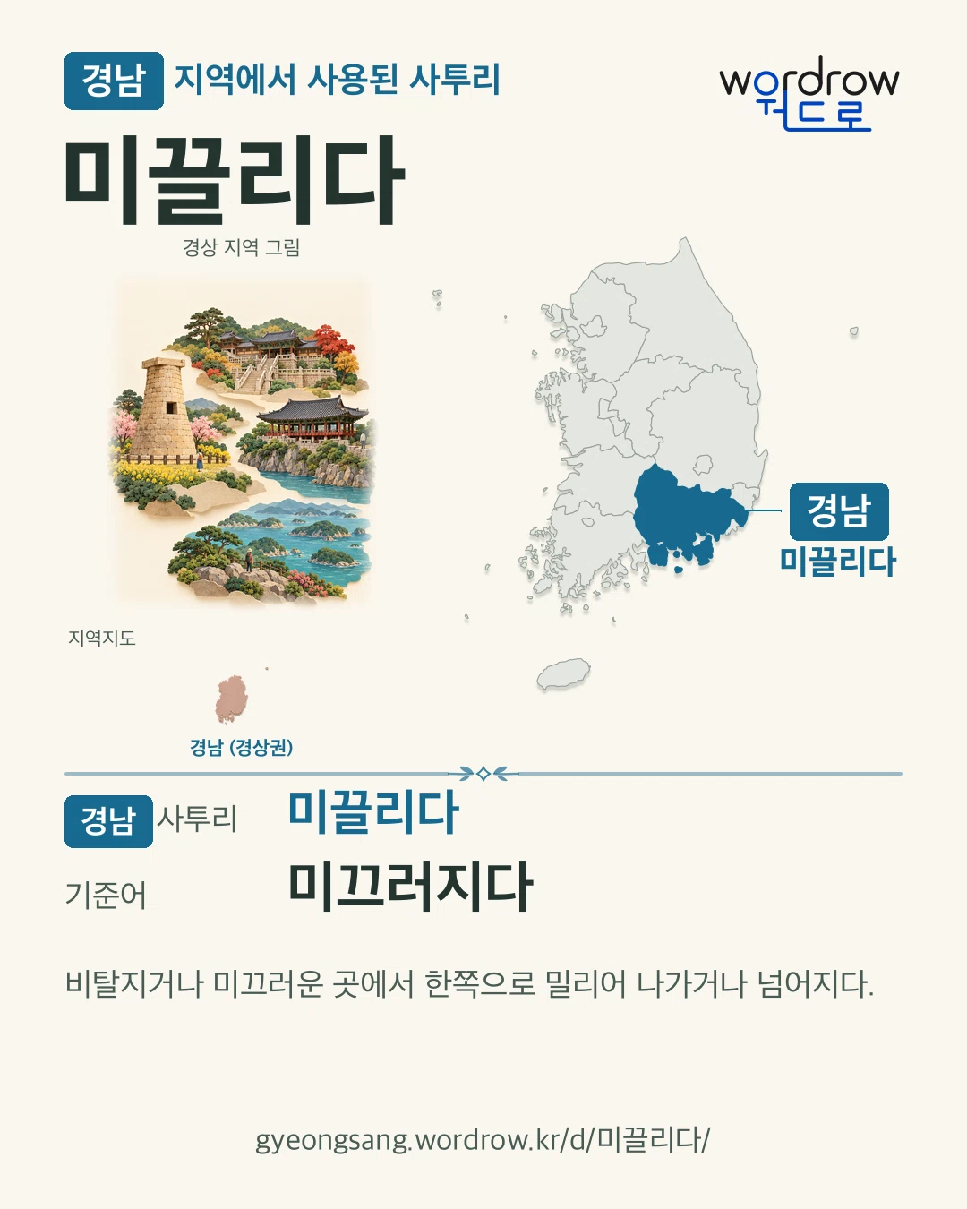경남 지역에서 사용된 사투리 ‘미끌리다’. 기준어: 미끄러지다. 기록 지역을 표시한 지역 그림과 지도 카드.